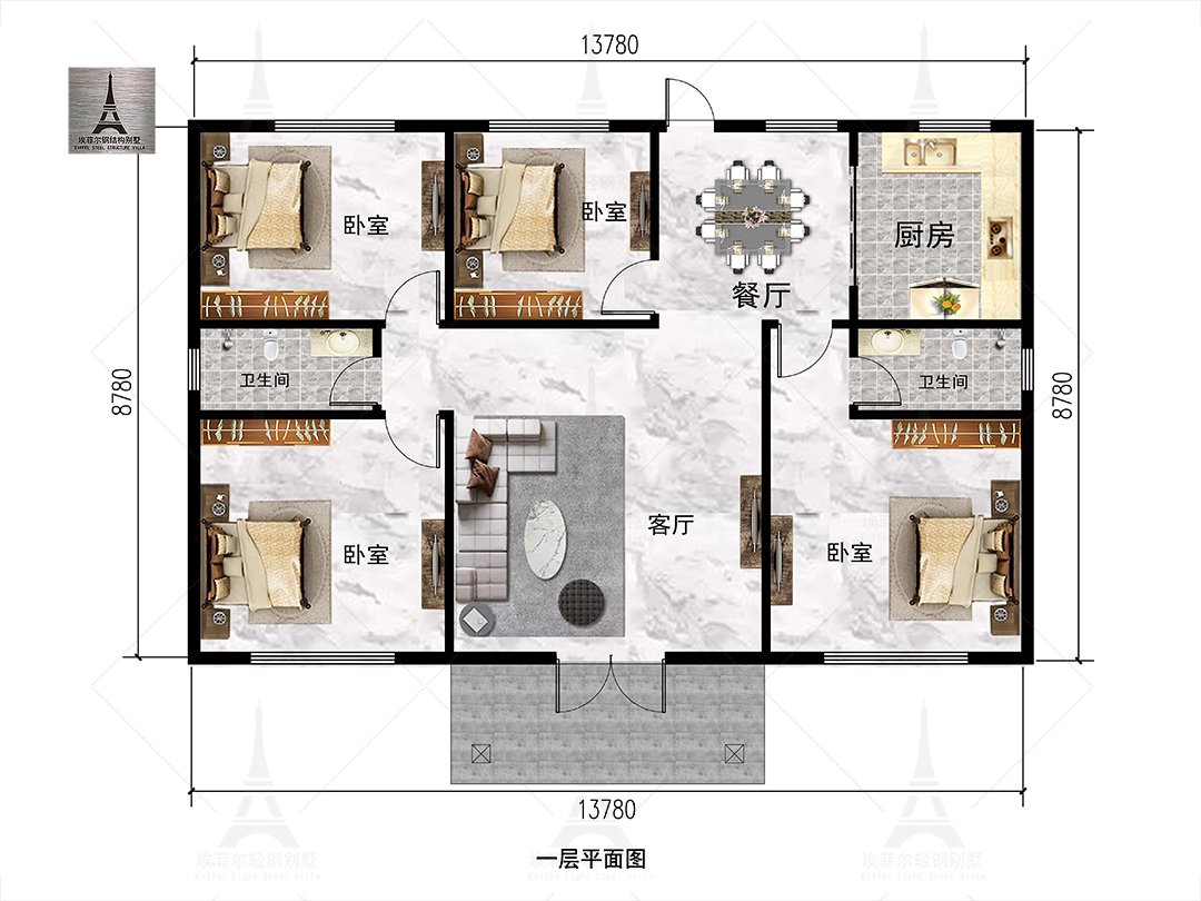 唐山苏家洼一层轻钢别墅(总面积142.25㎡ 14×9米)一层平面布置图