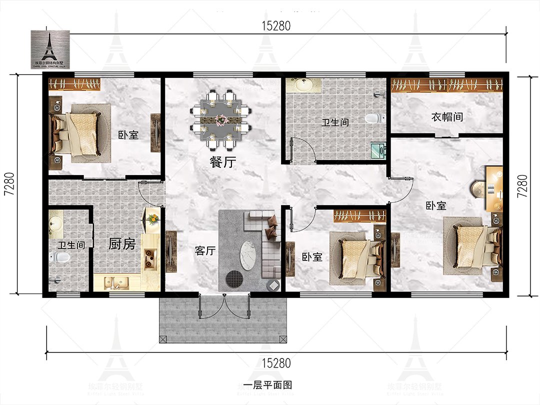 唐山建明镇付家城村一层轻钢别墅(总面积128.6㎡ 15.5×7.5米)一层平面布置图