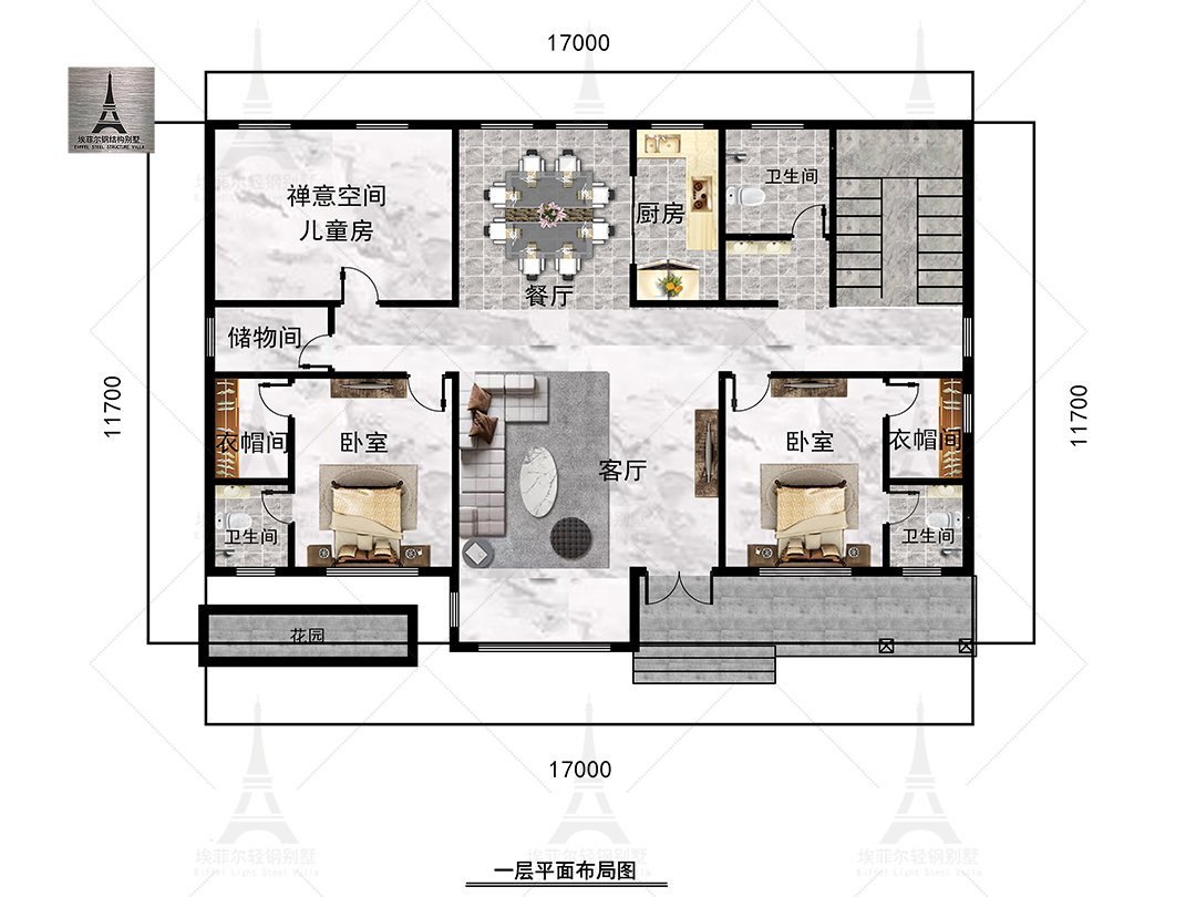 承德夏总二层轻钢别墅(17×12米)一层平面布置图