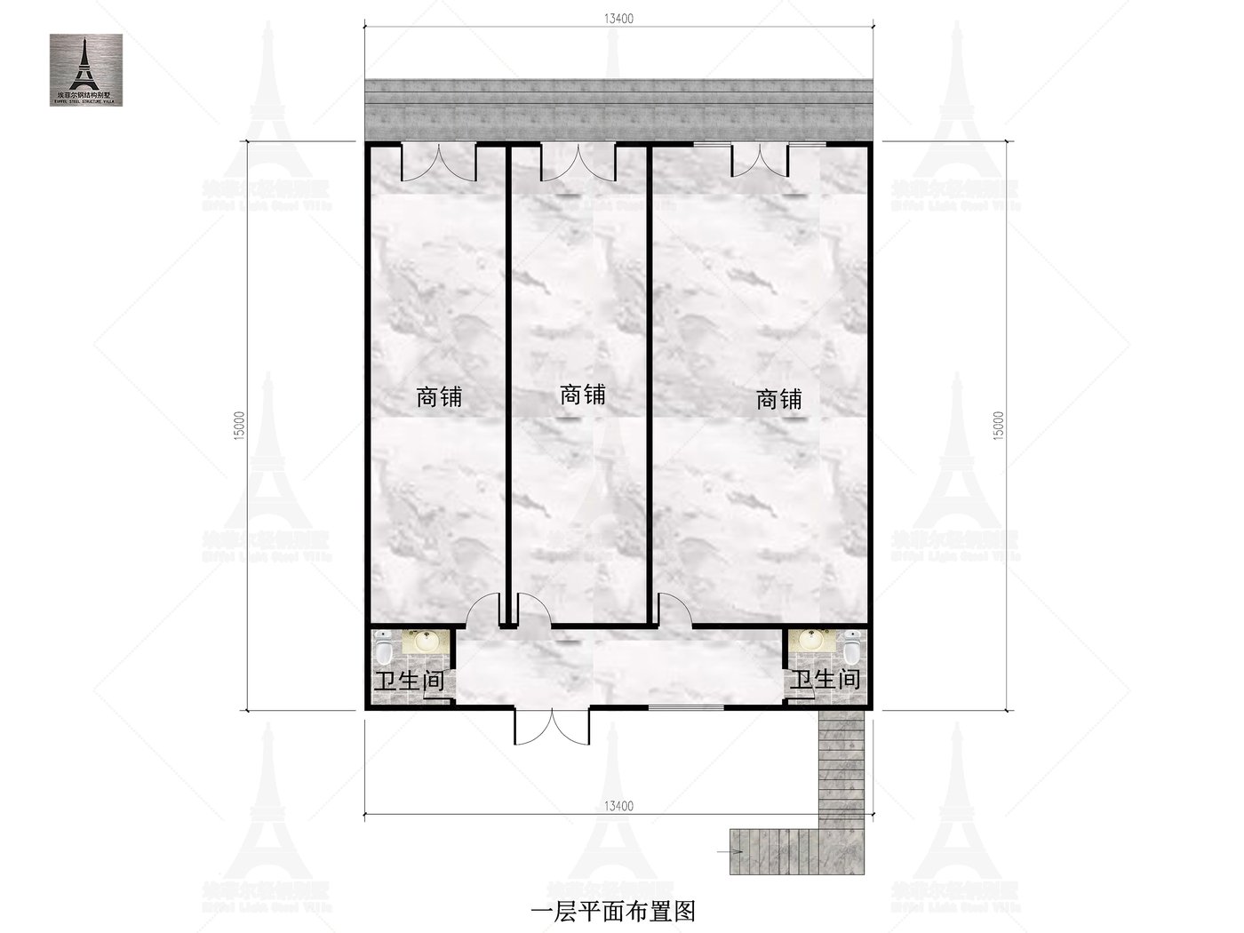 定州庞村镇二层轻钢别墅（总面积339.45㎡ 13.4×15米）一层平面布置图