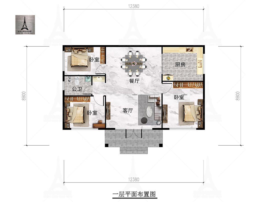 河北沧州任丘王总一层轻钢别墅(总面积113.34㎡ 12.6×7.52米)一层平面布置图