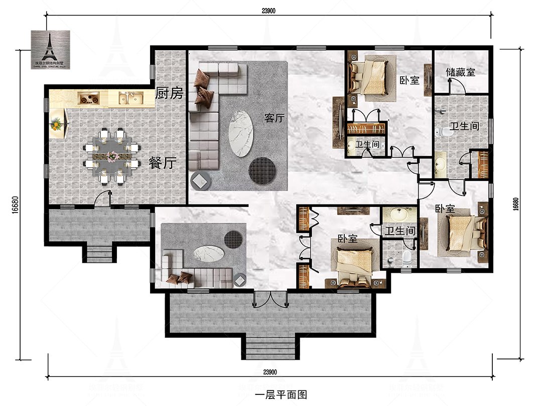 营口一层轻钢别墅(总面积431.19㎡ 24.18×13.38米)一层平面布置图
