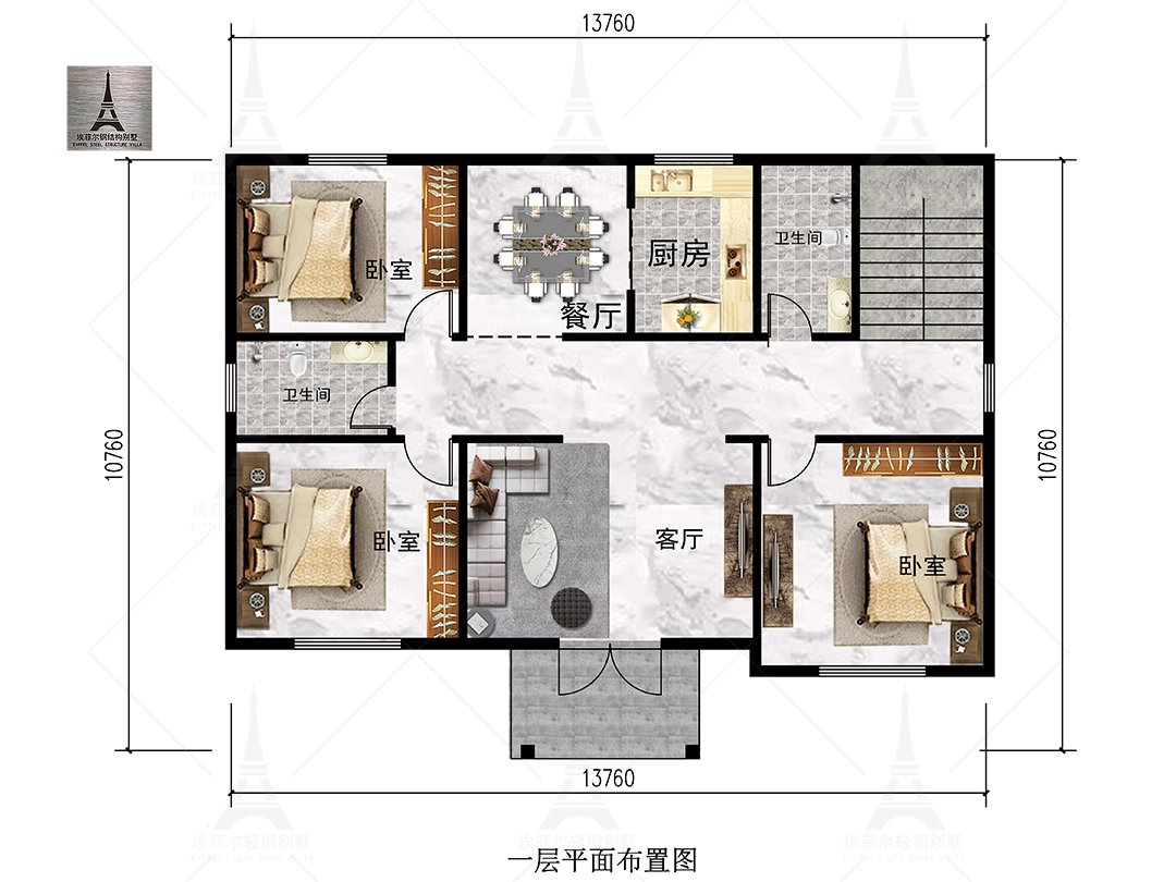 河南安阳张宅二层轻钢别墅(总面积267.93㎡ 14×9.5米)一层平面布置图