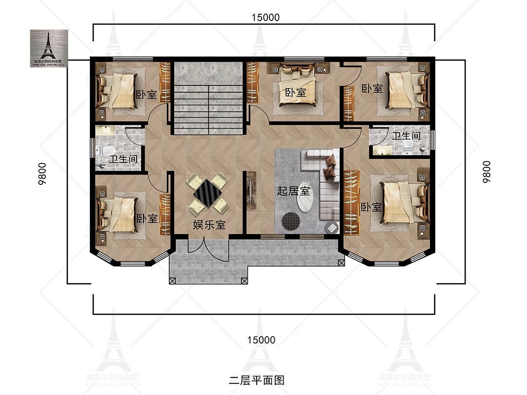 栾城陈总二层轻钢别墅（总面积318.21㎡ 15.28×9.28米）二层平面布置图