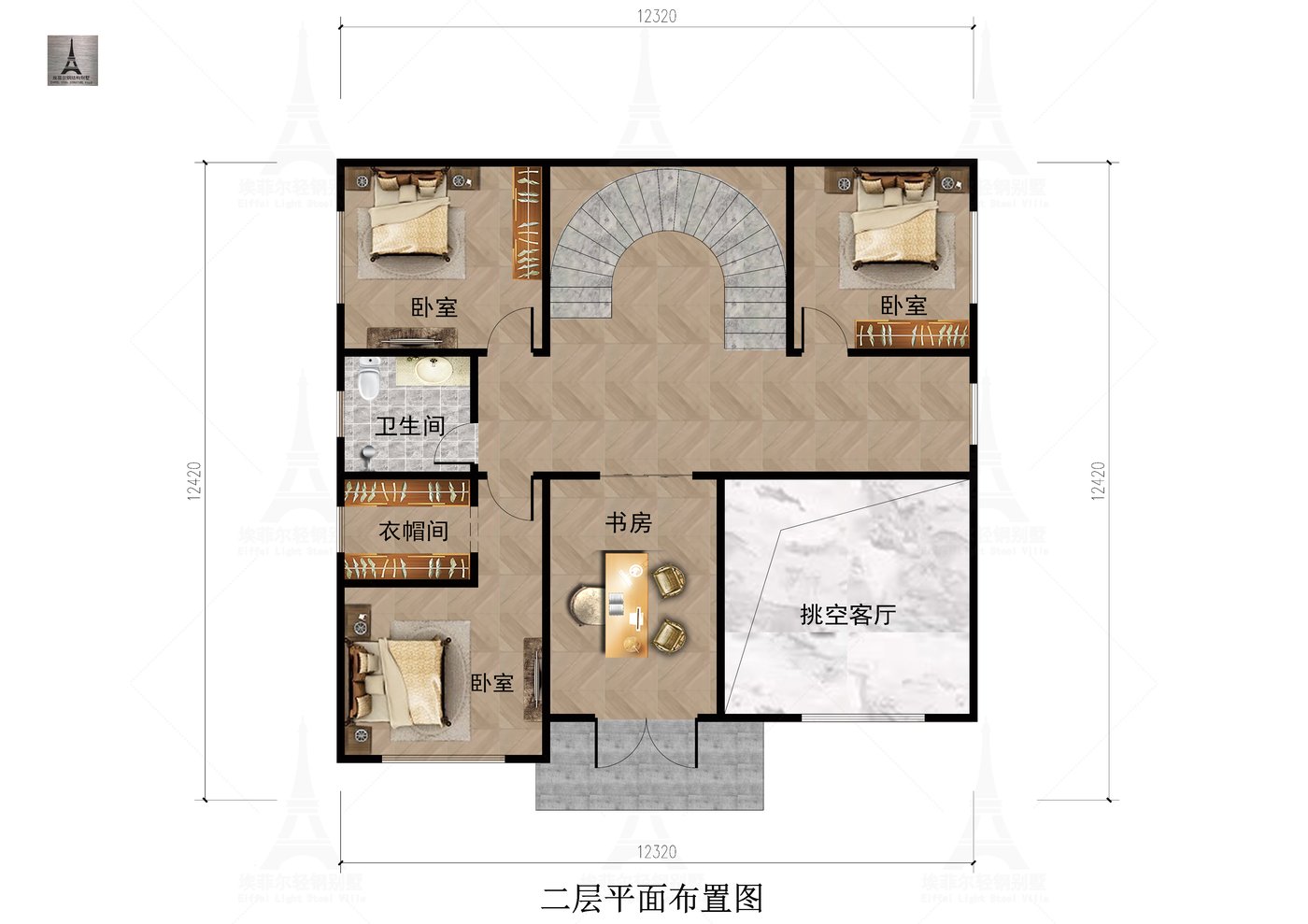 鹿泉王宅二层轻钢别墅（总面积311.21㎡ 12.6×11.9米）二层平面布置图