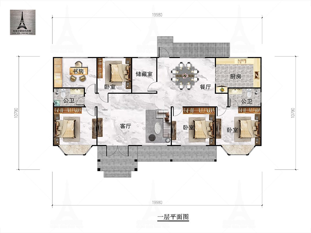 河北唐山迁安建昌营赵宅一层轻钢别墅(总面积211.35㎡ 19.98×9.5米)一层平面布置图