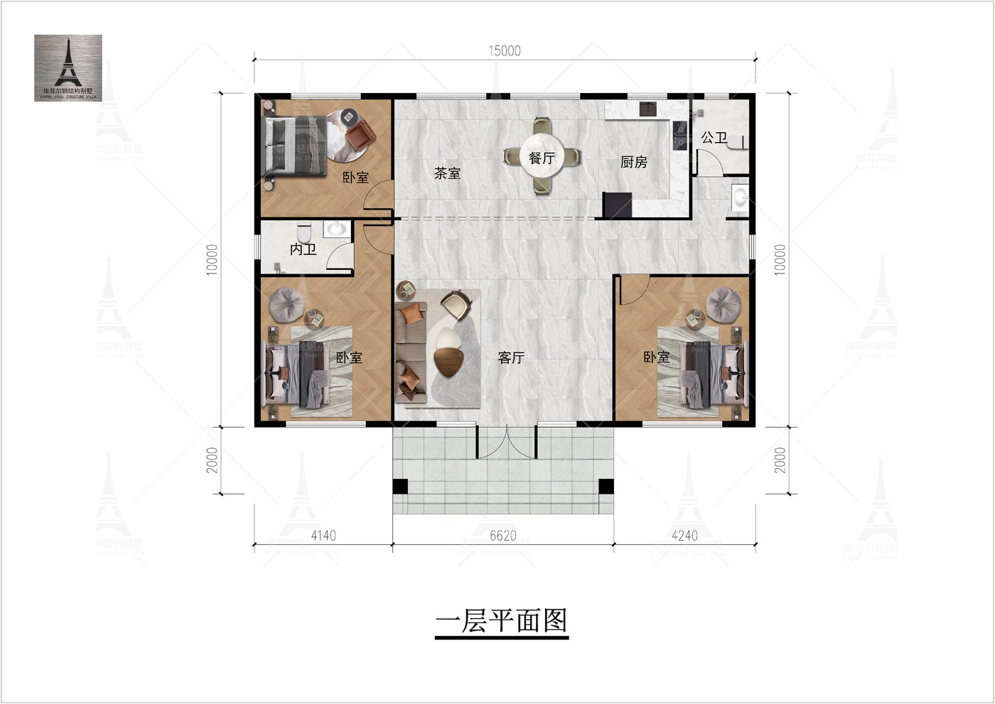 唐山迁西罗家屯马宅一层轻钢别墅（总面积180.16㎡ 15×10米）一层平面图