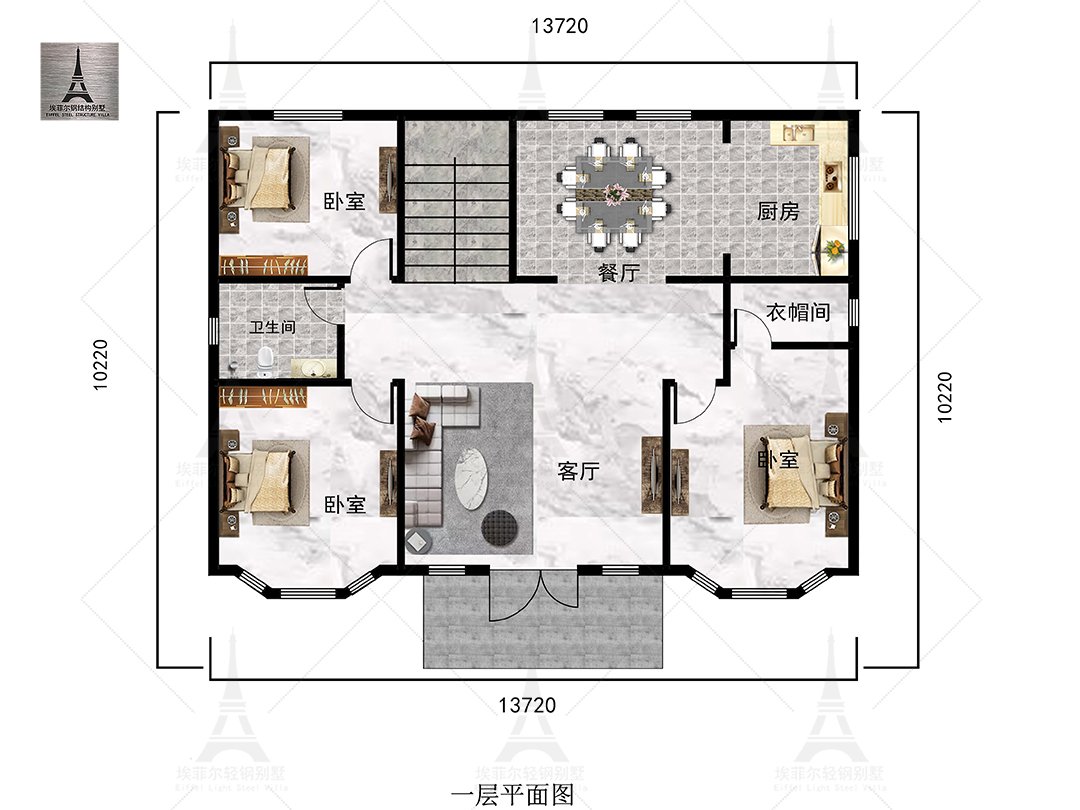 承德关总二层轻钢别墅（总面积295㎡ 14×10.5米）一层平面布置图