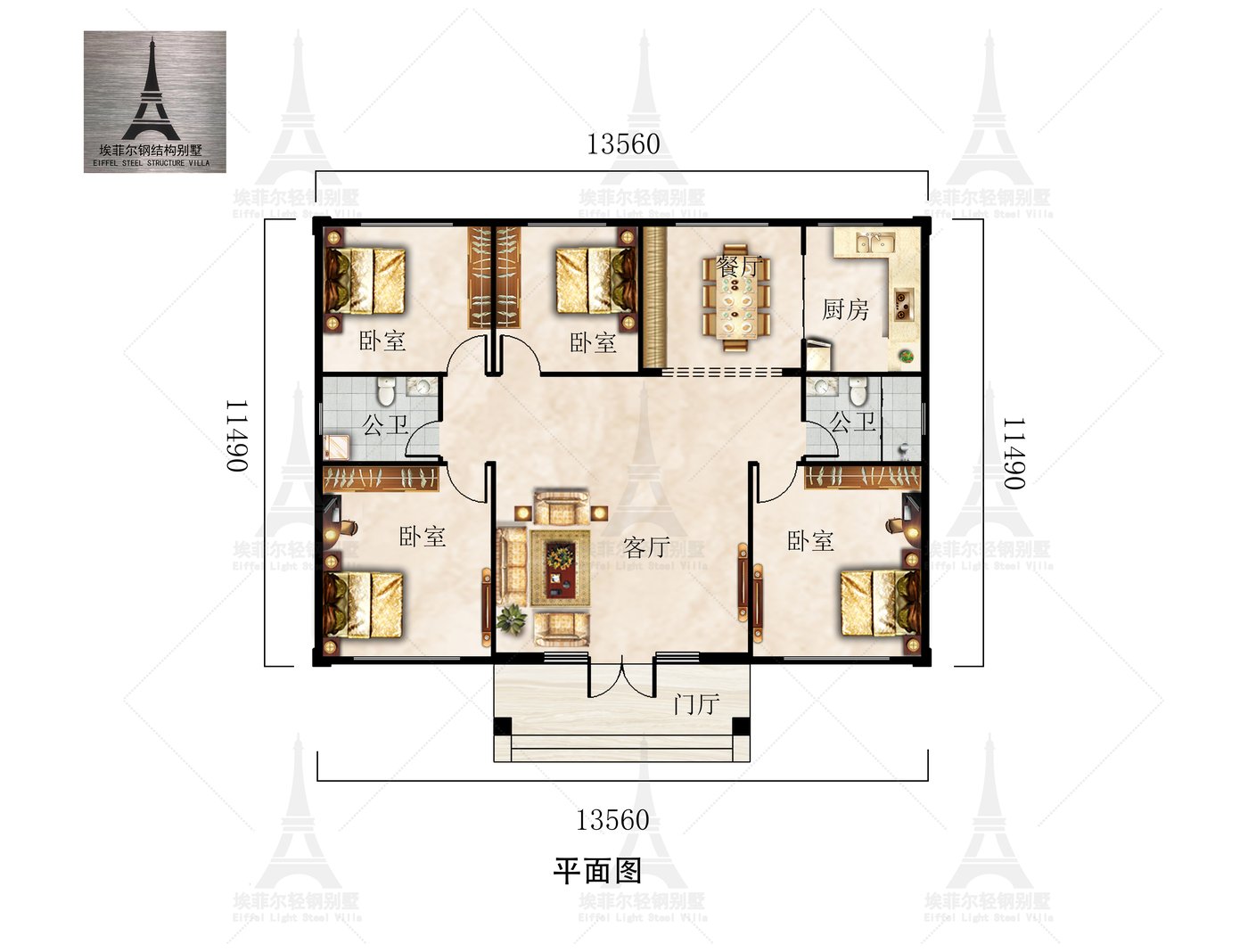 井陉郄府一层轻钢别墅(总面积160.11㎡ 13.78×10米)一层平面图