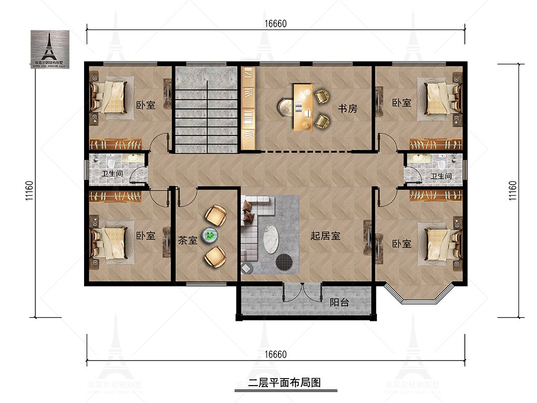 唐山兴隆蘑菇峪二层轻钢别墅(总面积371.19㎡ 16.88×9.88米)二层平面布置图