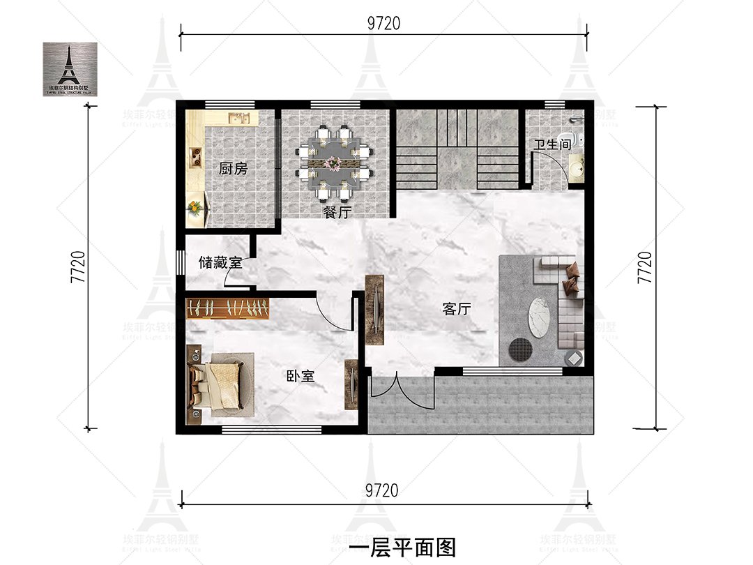 河北唐山刘总二层轻钢别墅(总面积168.5㎡ 10×8米)一层平面布置图
