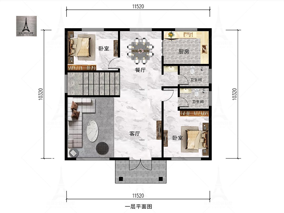 广西张总三层轻钢别墅(总面积376㎡ 11.8×10.6米)一层平面布置图