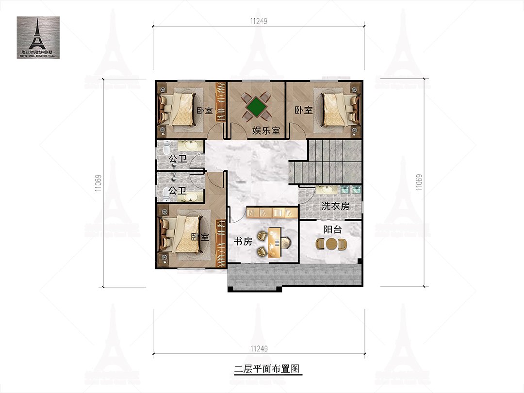 邢台沙河杨总二层轻钢别墅(总面积260.14㎡ 11.25×11.07米)二层平面布置图