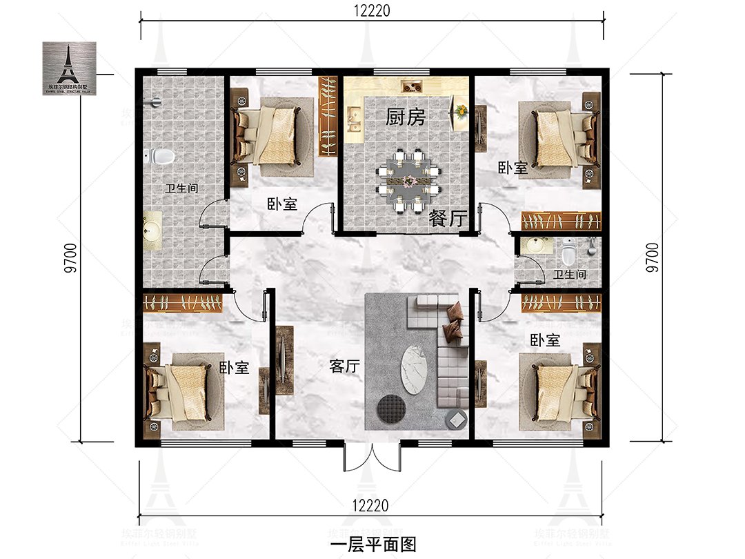 北京昌平黑山寨村高宅一层轻钢别墅(总面积139.43㎡ 12.52×10米)一层平面布置图