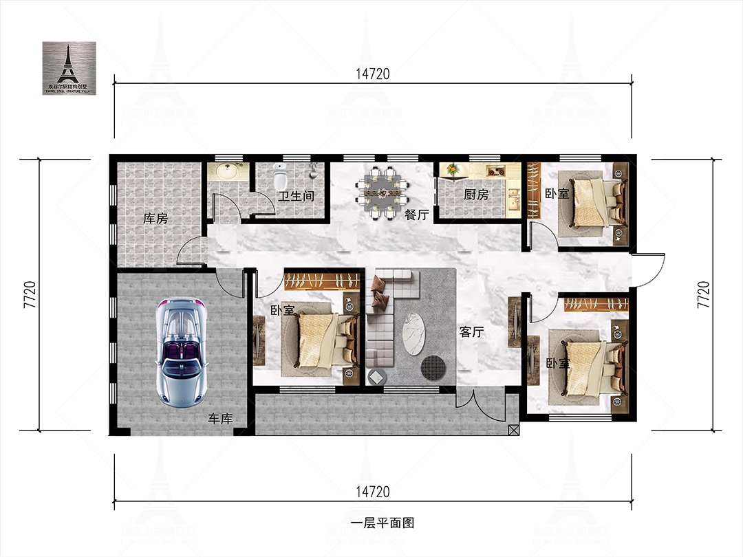 河北承德王总一层轻钢别墅(总面积129.42㎡ 15×8米)一层平面布置图