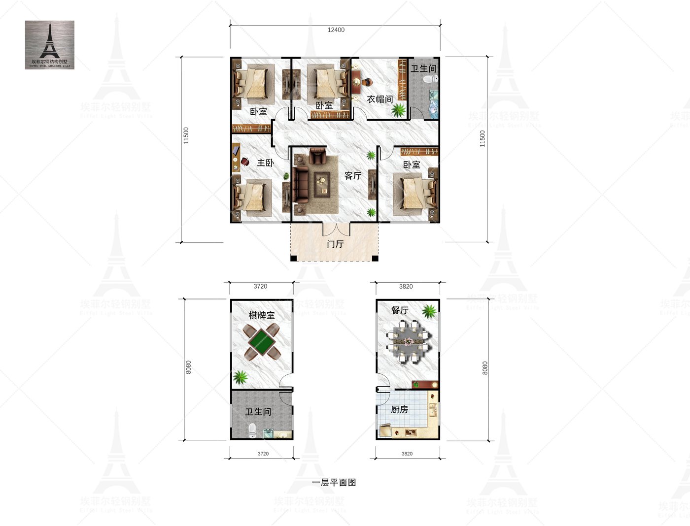 遵化西三里范宅-带东西厢房一层轻钢别墅(总面积221.64㎡ 12.4×11.5米)一层平面图