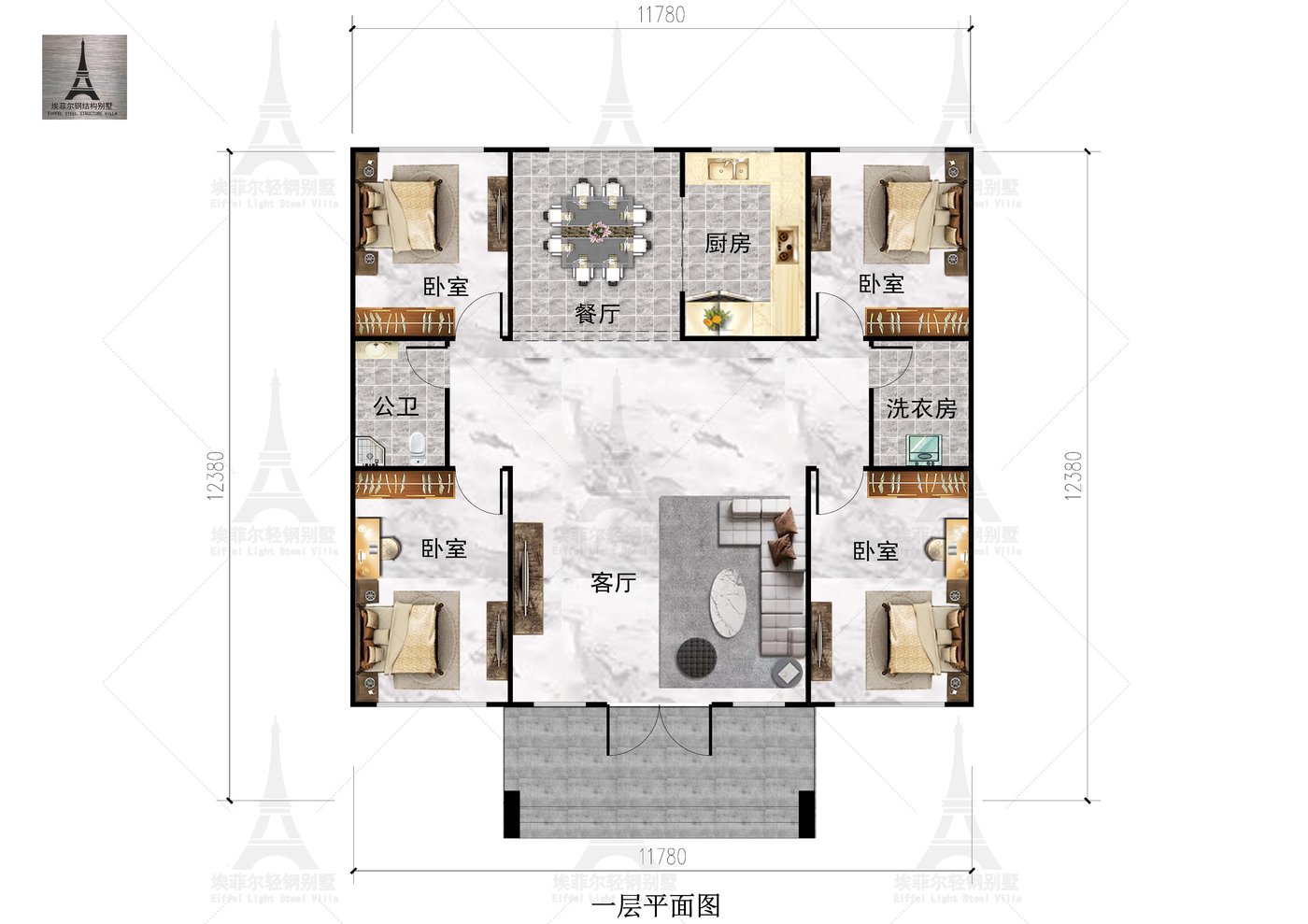 定州于宅一层轻钢别墅(总面积150.36㎡ 12×10.8米)一层平面布置图