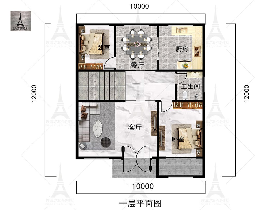 山东二层轻钢别墅(总面积252.4㎡ 10.25×12.25米)一层平面布置图