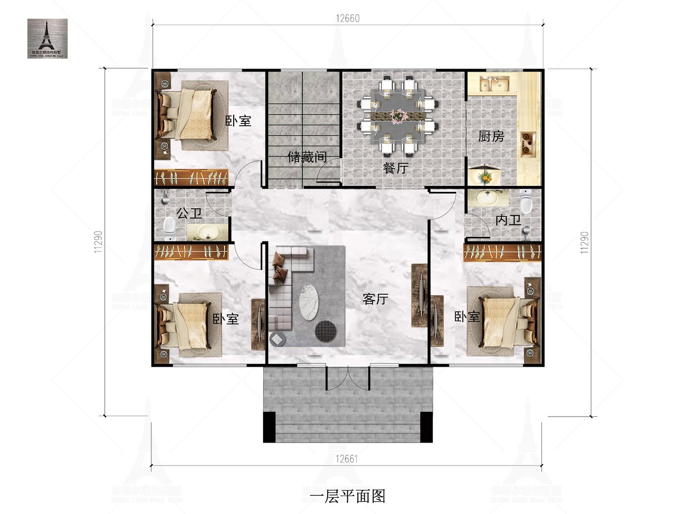 保定曲阳侯总二层轻钢别墅(总面积279.61㎡ 12.88×9.8米)一层平面布置图
