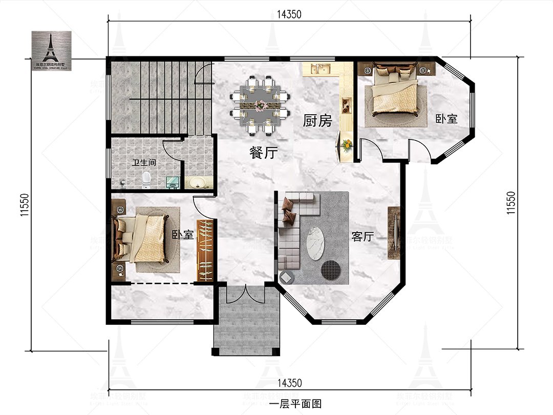 北营杨宅二层轻钢别墅(总面积291.84㎡ 14.6×10.6米)一层平面布置图