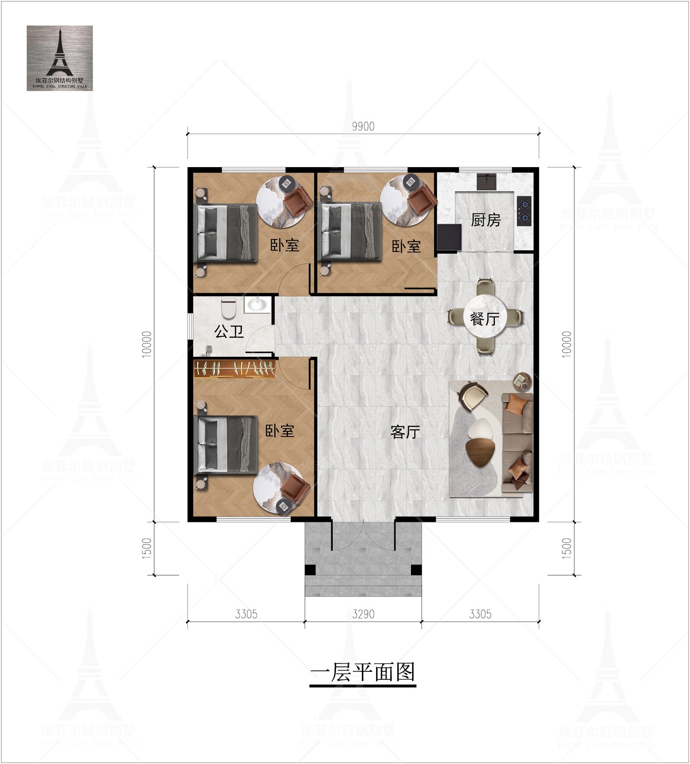河北邢台宁晋殷府一层轻钢别墅(总面积110.68㎡ 10×10米)平面图