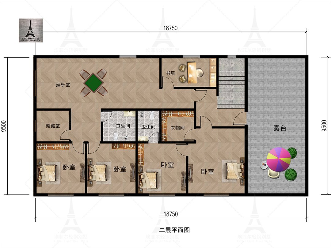 北京昌平二层轻钢别墅(总面积361.77㎡ 19×9.75米)二层平面布置图
