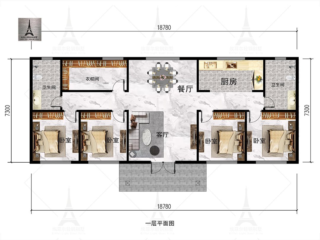 唐山东下院寺张宅一层轻钢别墅(总面积152.26㎡ 19×7.2米)一层平面布置图