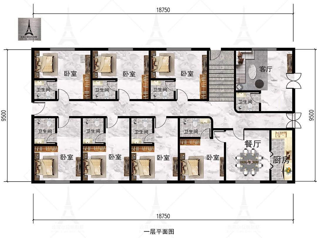 北京昌平二层轻钢别墅(总面积361.77㎡ 19×9.75米)一层平面布置图