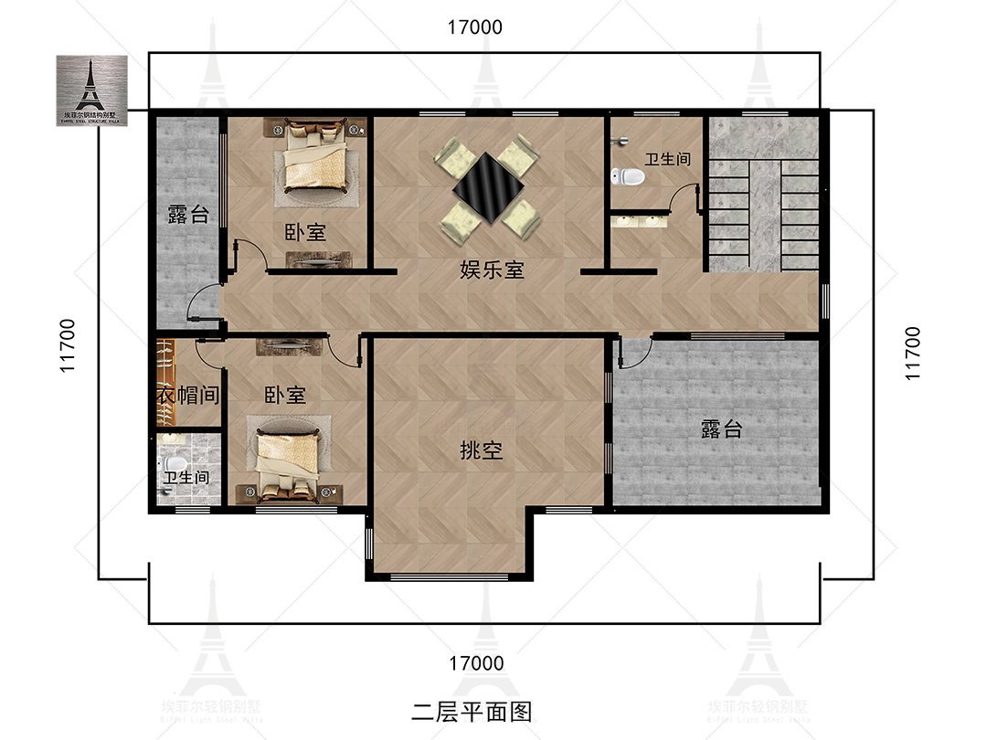 承德夏总二层轻钢别墅(17×12米)二层平面布置图