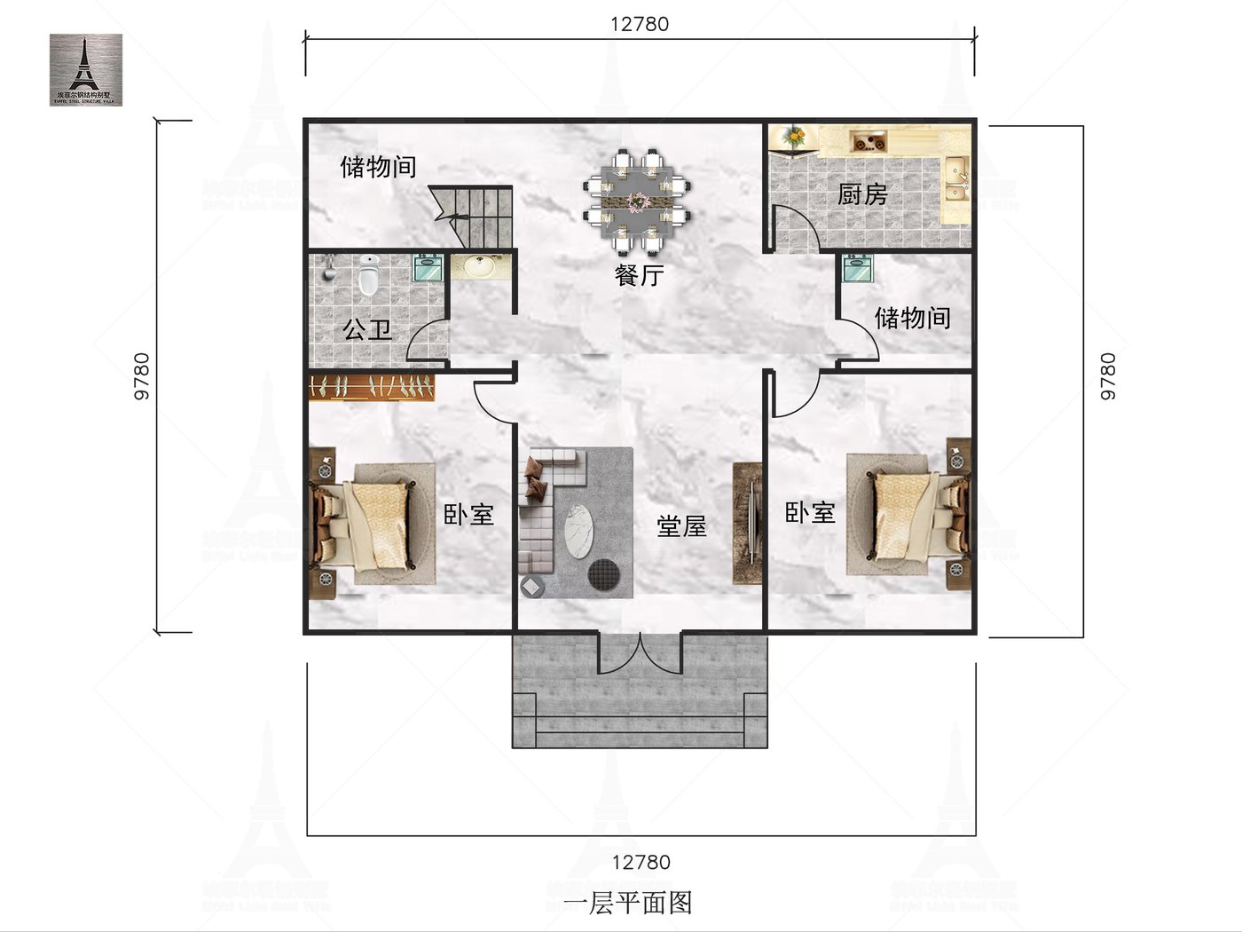 江西赣江钟府二层轻钢别墅(总面积287.37㎡ 13×10米)一层平面布置图