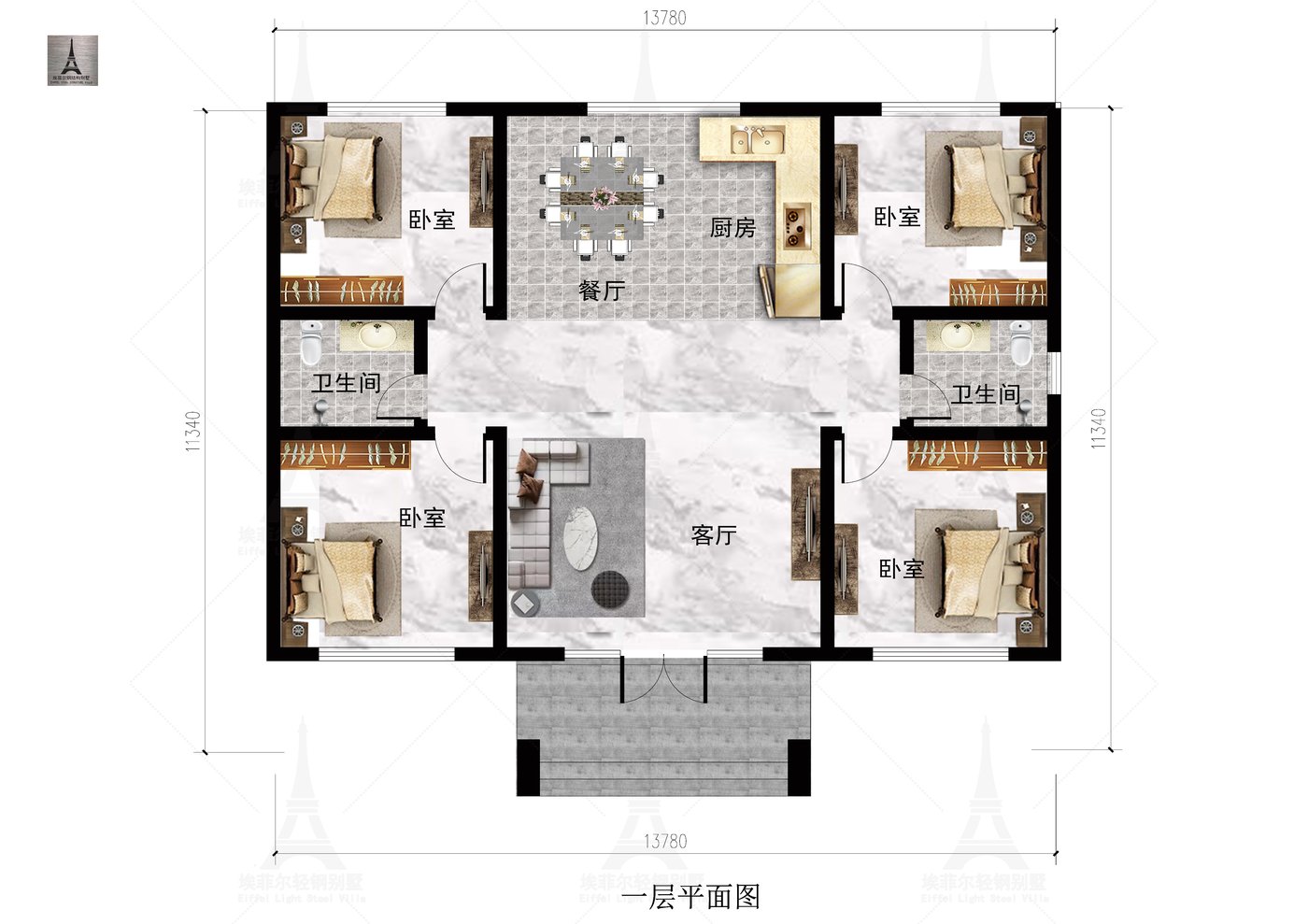 衡水武邑酉府一层轻钢别墅(总面积160.1㎡ 14.15×10米)一层平面布置图