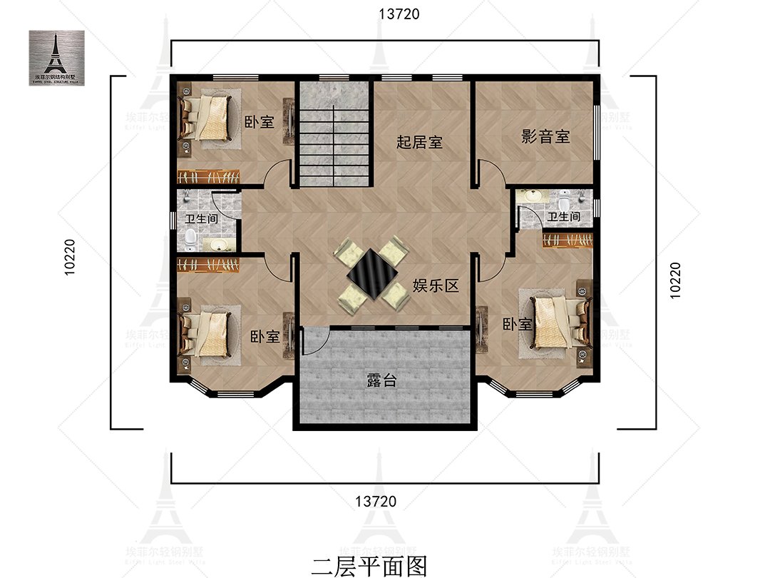 承德关总二层轻钢别墅（总面积295㎡ 14×10.5米）二层平面布置图