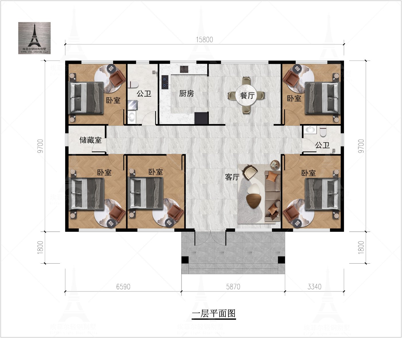 唐山迁西东街杜宅一层轻钢别墅(总面积183.92㎡ 15.8×9.7米)平面图