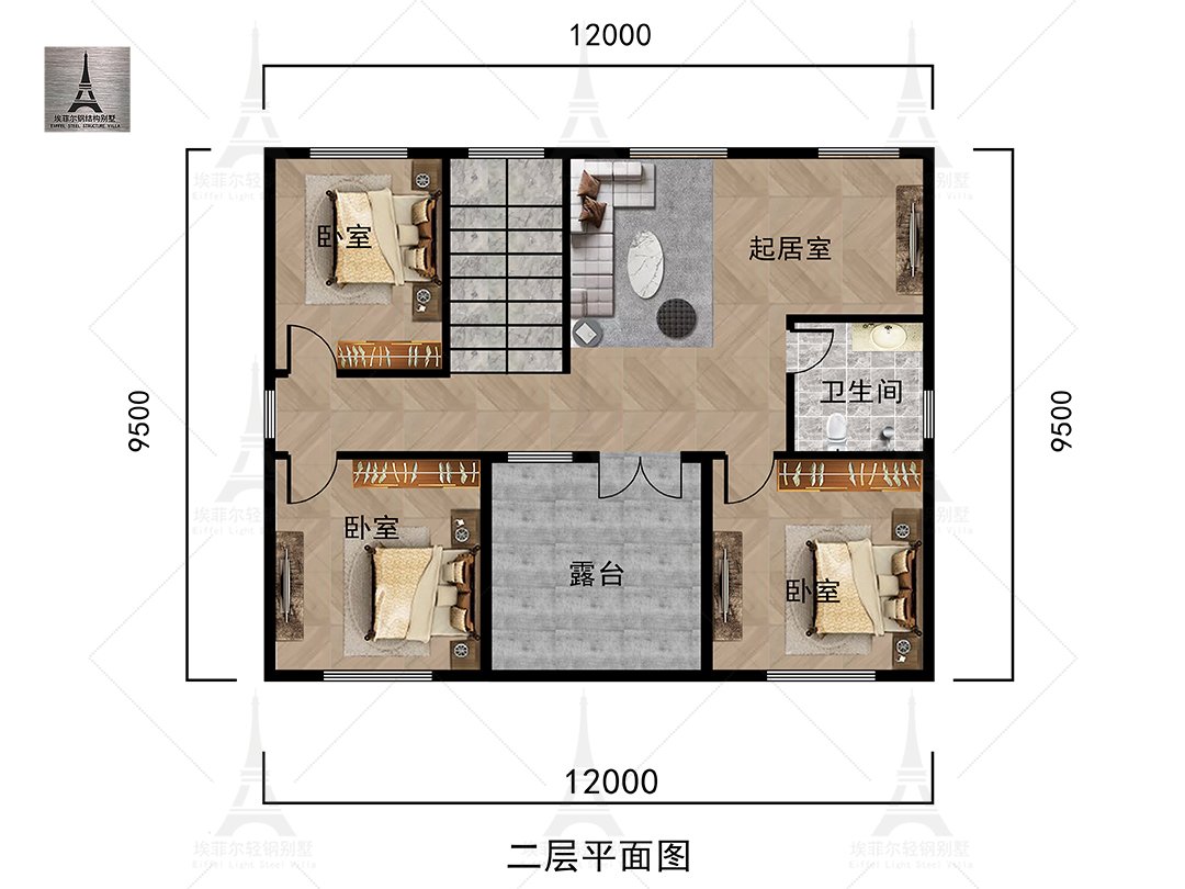 河北元氏高总二层轻钢别墅(总面积249㎡ 12.25×9.75米)二层平面布置图